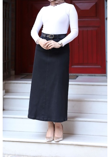 Vellıchor Doğal Kumaşlı Kemerli Kot Etek- 001