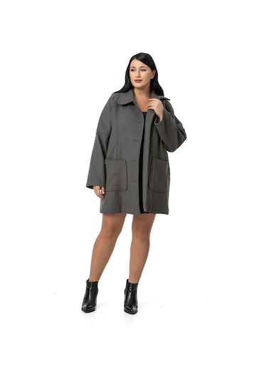 Büyük Beden Gömlek Yaka Reglan Kollu Torba Cepli Astarsız Kaşe Kısa Gri Kaban Gri