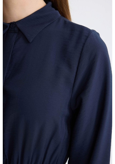 Defacto Gömlek Yaka Basic Düz Düğmeli Beli Büzgülü Uzun Kollu Maxi Lacivert Elbise D5851AX24AUNV31 Lacivert