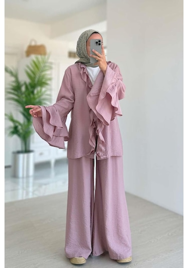 Fırfır Detaylı Volan Kollu Takım - Pembe Pembe