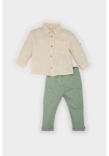 DeFacto Erkek Bebek 2'li Takım Uzun Kollu Gömlek Beli Lastikli Pantolon E5317A525SPER98 Ekru