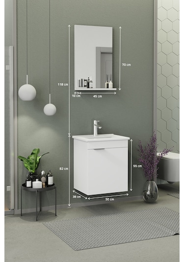 Biani Fix Arya Slım 50 Cm Banyo Dolabı,Seramik Lavabolu, Aynalı,Lavabo Dahil,Mdf,Mat Beyaz