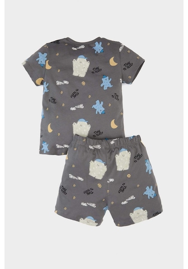 DeFacto Erkek Bebek Pijama Takımı Desenli Kısa Kollu Penye Üst Beli Lastikli Şort E1180A525HSGR310 Gri