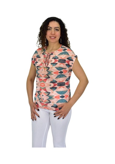 Kadın Kısa Kol Baskılı Bluz Bgl-st04693 Turuncu
