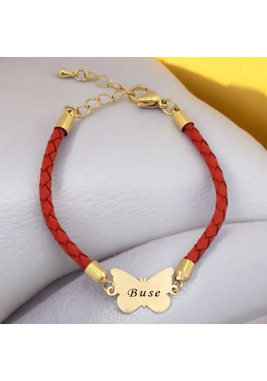Buse İsmine Özel 14 Ayar Altın Plakalı Turuncu Derili Kelebek Motifli Hediye Bileklik-502isim Buse