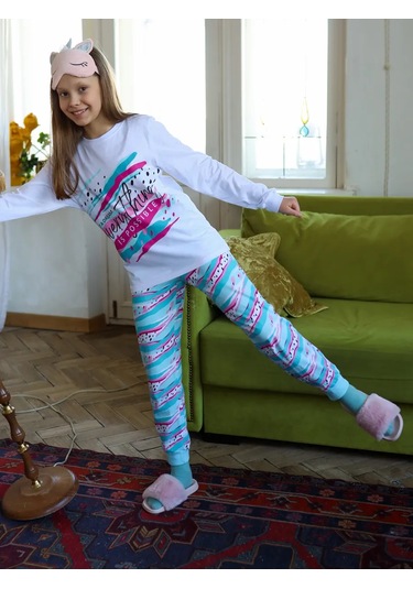 Miko Yumi Kız Çocukları İçin Pamuklu Pantolonlu Pijama 177620358 Mavi Buz
