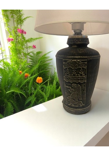 Gümüş Renk Eskitme El Yapımı Sümer Dekoratif Abajur - Beyaz Beyaz