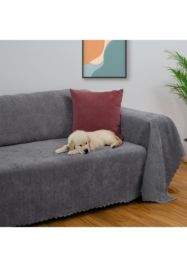 Jakarlı Şönil Koltuk Örtüsü Çekyat Örtüsü Koltuk Şalı 175x350 Kaymaz Gri Gri