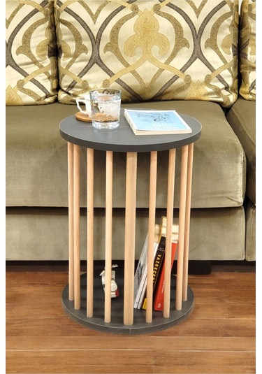 Ahşap Ayaklı C Sehpa Koltuk Sehpası Yan Sehpa Zigon Sehpa Servis Sehpası Antrasit