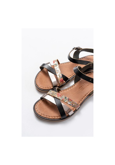 205-015 Siyah Garni Ortopedik Hakiki Deri Kadın Sandalet Siyah