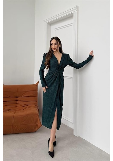 Neşeli Butik Kadın Yeşil Anvelop Büzgülü Simli Premium Midi Elbise Nbelb08 Yeşil