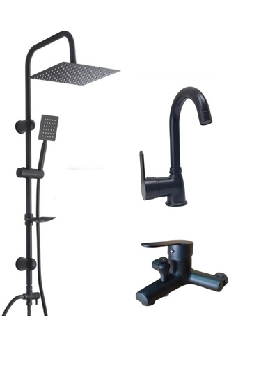 Faumix St56 Siyah Banyo Lavabo Bataryası Yağmurlama Duş Seti Siyah