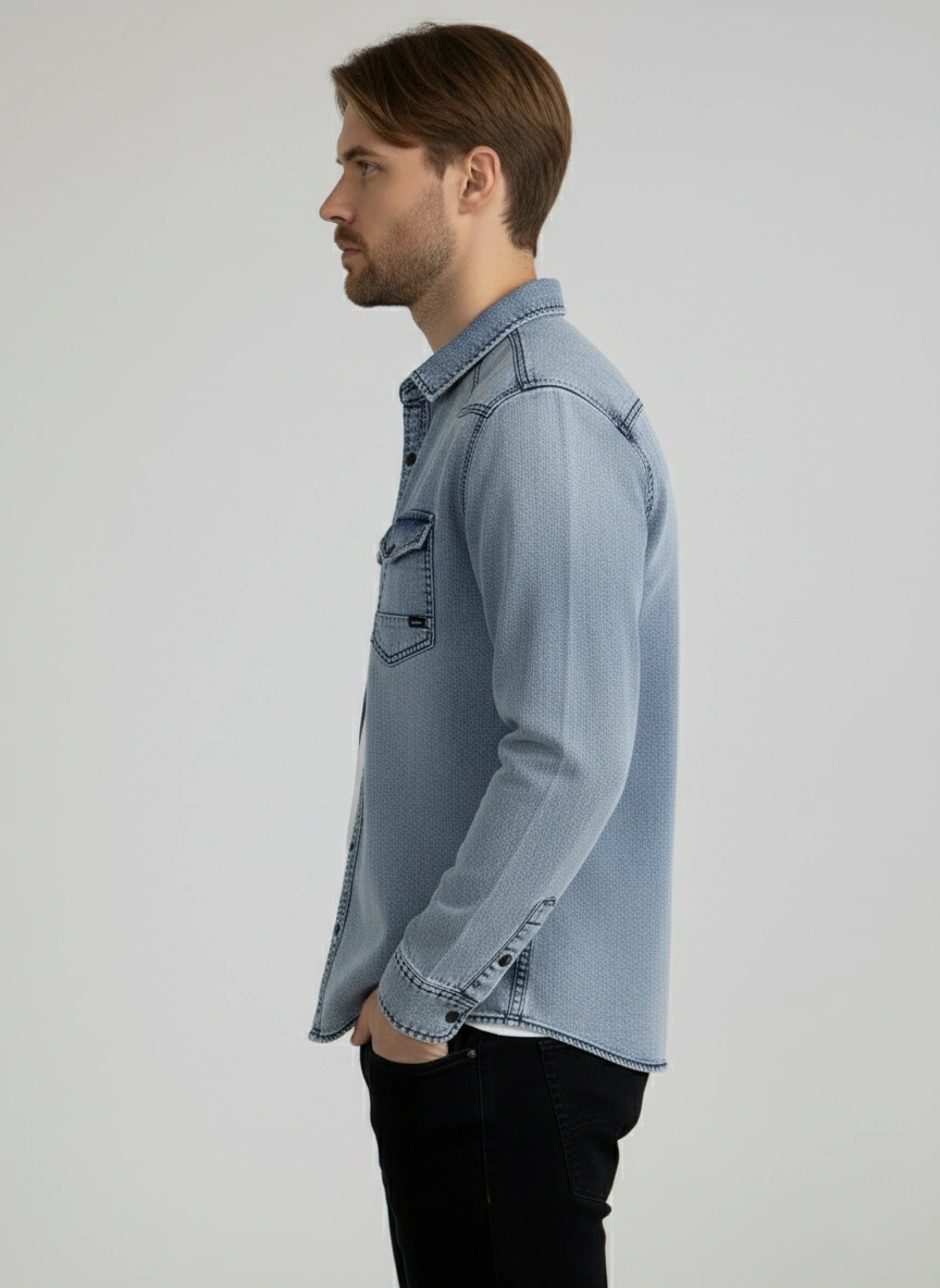 Erkek Gömlek Slim Fit Yıklamalı Kot Gömlek Mavi