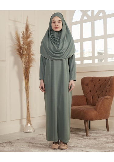 Kol Detaylı Namaz Elbisesi Tek Parça Kendiliğinden Başörtülü Mint Yeşili