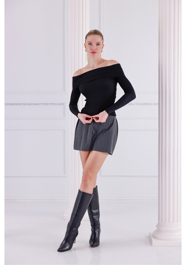 Madonna Yaka Uzun Kollu Fitilli Kadın Bluz Siyah