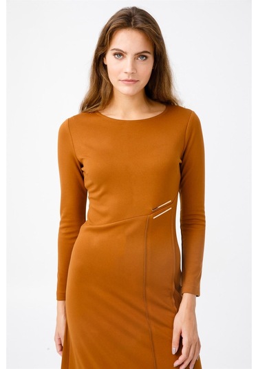 Asimetrik Cıt Cıt Aksesuarlı Elbise Camel-camel Camel