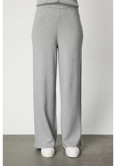 On Kadın Beli Lastikli Bol Paça Triko Pantolon 63321 Gri Gri