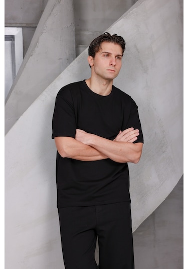 Erkek Basic Oversize Bisiklet Yaka 2 İki İplik Kompakt T-shirt Siyah