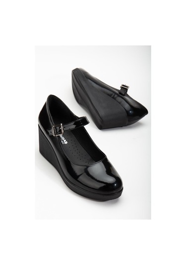 Baretli Suni Deri Siyah Rugan Kadın Dolgu Taban Ayakkabı-3105-sıyah