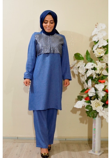 Deryam Tekstil Kadın Sofya Keten Tunik Pantolon Takımı Mavi 44 Beden Mavi