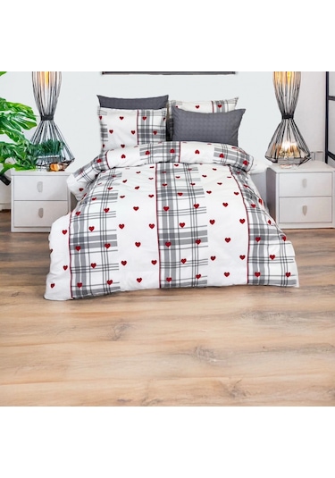 Kalpli Ekose Desenli Nevresim Takımı Çift Kişilik, %100 Pamuk, Yumuşak Dokulu Beyaz