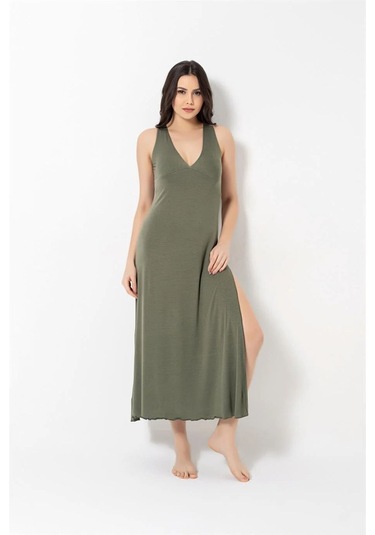 Monamise Kadın Haki Göğüs Ve Sırt Dekoteli Brode Dantelli Yırtmaçlı Gecelik 18485 Haki