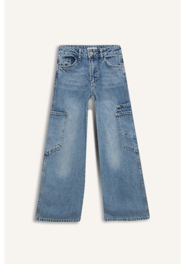 DeFacto Kız Çocuk Wide Leg Kargo Geniş Paça Jean Pantolon D7386A825SMNM39 Mavi