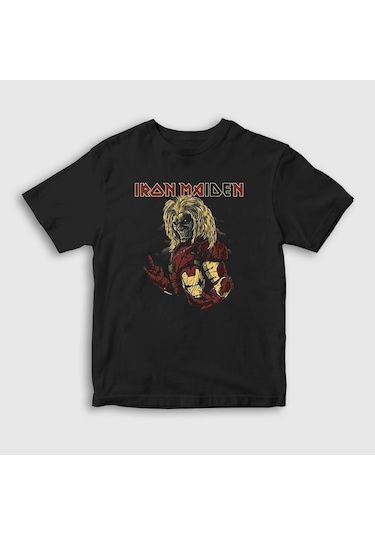 Presmono Unisex Çocuk Hero Iron Maiden T-shirt Siyah