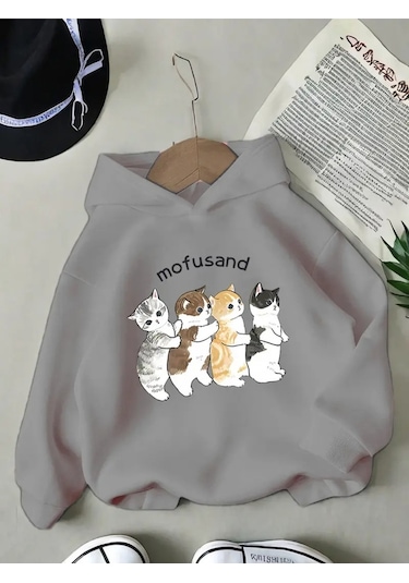 Kışlık Kapüşonlu Sweatshirt, Çocuk Ayakta Kediler Baskılı Gri