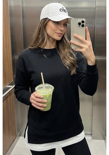 Lela Streç Oversize Fit Bisiklet Yaka Modal Kumaş Bayan Sweat 5865877 Siyah