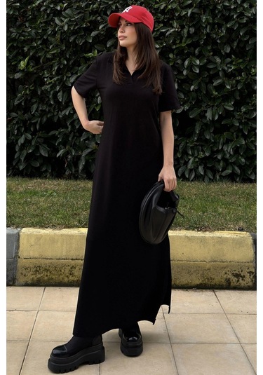 Kadın Siyah Polo Yaka, Kısa Kol, Yırtmaçlı, Basic Model, Uzun Salaş Elbise Siyah