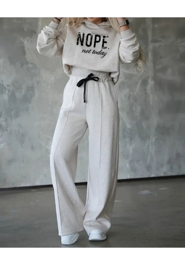 Kadın Uzun Kollu Nope Baskılı Beli Ribanalı Ikili Takım Gri