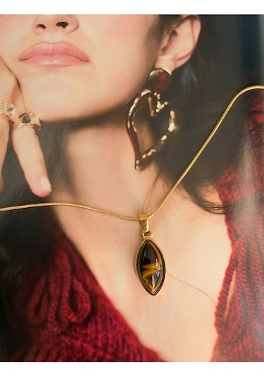 Oval Kahverengi Taşlı Kararmaz Çelik Kadın Gold Kolye Modern Ve Altın