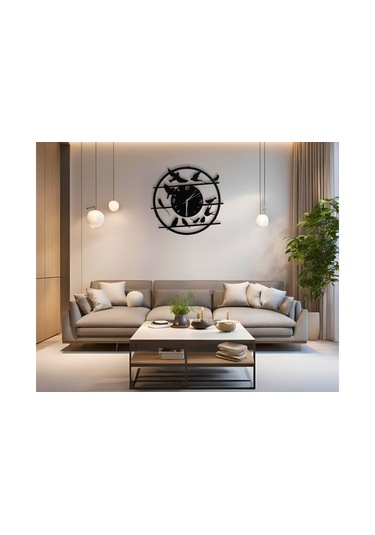 Kuş Figürlü Duvar Saati - 40 Cm Siyah Renk Sessiz Mekanizma Metal Siyah