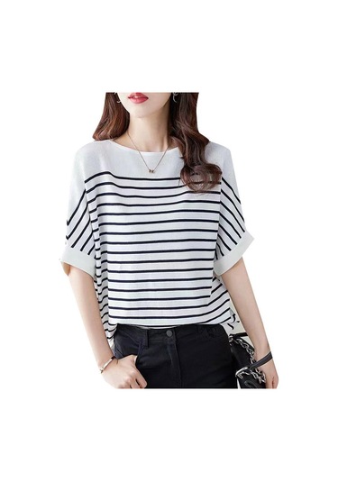 Zanzea Kadın Rahat O-yaka Kısa Kollu Çizgili Bluz Beyaz