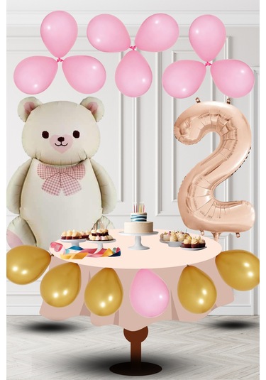 2 Yaş Retro Folyo Krem Ayıcık Pembe Gold Balon Rose Gold Rakam Doğum Günü Süsleme KREM