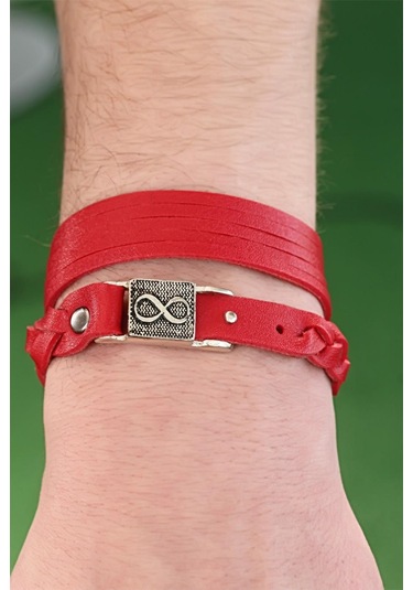 Ezoconcept Desenli Metal Aksesuarlı Kırmızı Renk Deri Erkek Bileklik Kombin