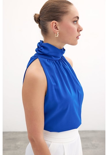 Sateen Kolsuz Salaş Bluz - Sax Mavi-131489 Sax Mavi