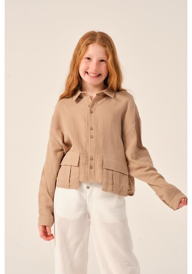 Genç Kız Çocuk Cepli Uzun Kollu Gömlek Bej