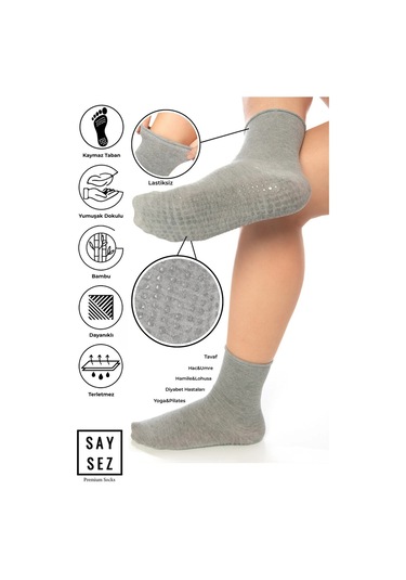 Bambu Kaydırmaz Taban Silikonlu Hac Umre Tavaf Hamile Diyabet Pilates Yoga Lastiksiz Gri Çorap Renkli