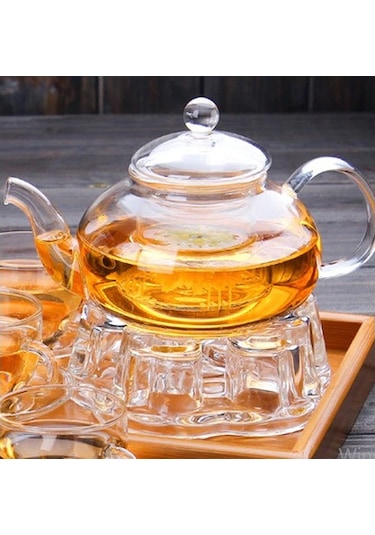 Borosilikat Cam Kapaklı Cam Süzgeçli Demlik Ve Cam Isıtıcı 1000ml Şeffaf