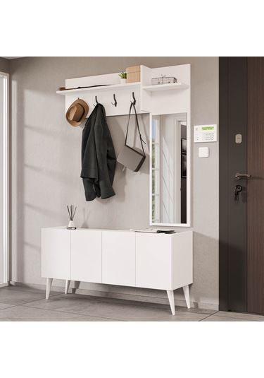 5065 Theo 4 Kapaklı 6 Raflı 4 Askılı Sağ Aynalı Portmanto Beyaz