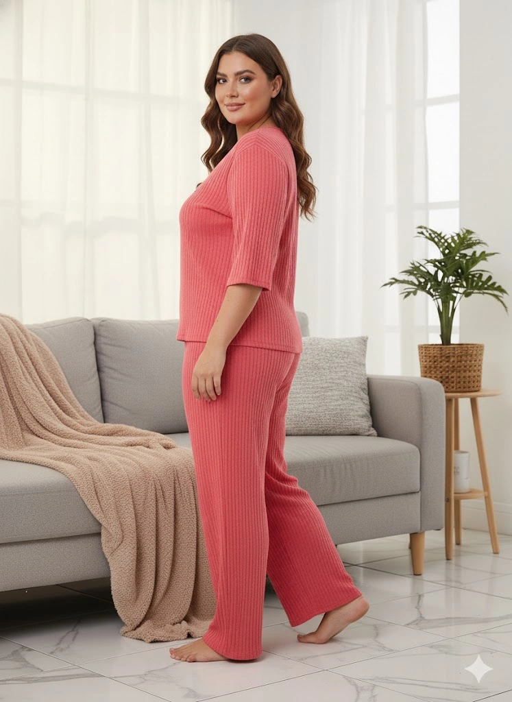 Kadın Pembe Büyük Beden Pijama Takım Narçiçeği