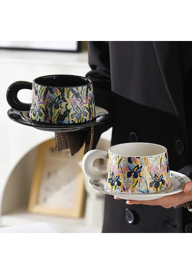 Maiyame Beyaz Seramik Çay/ Kahve Fincan Ve Tabak Seti - 280 Ml Bahar Çiçek Desenli Hediyelik Kutulu Hediye Paketi Beyaz