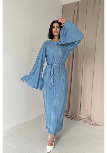 Mavi İspanyol Kol Piliseli Elbise Mavi