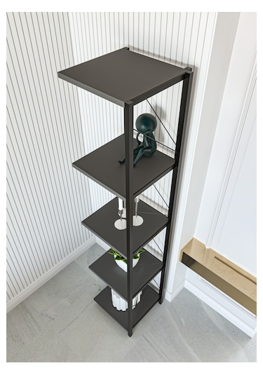 Alpa Ev Mobilya 5 Katlı Kare Raflı Metal Köşe Raf, Dekoratif Kitaplık Ve Modern Saksılık Antrasit