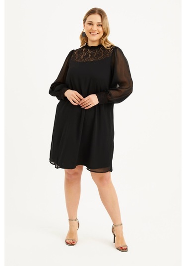 Astarlı Şifon Dantel Detay Elbise-1525 Siyah