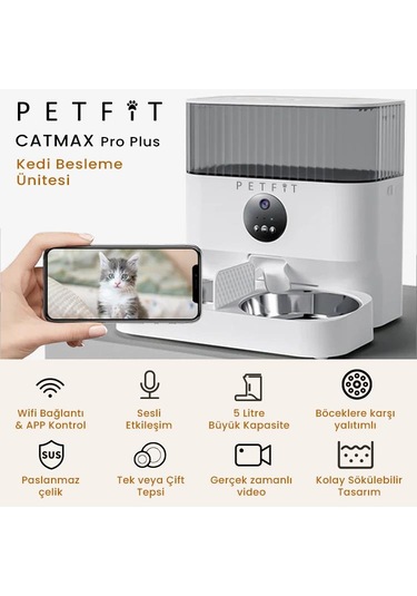 Petfit Catmax Pro Plus 5l Wi-fi Kameralı Çift Kase Akıllı Otomatik Kedi Köpek Mama Kabı Besleme Ünitesi Sesli Komut+çelik Kase+app Kontrol