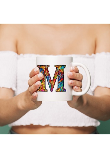 M Harfi Bardak 330 Ml İsme/harfe Özel Hediye, Renkli Harf Tasarım Beyaz