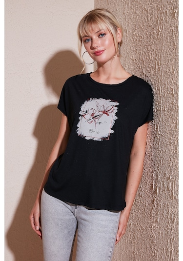 Lela Baskılı Bisiklet Yaka Regular Fit Bayan T Shirt 6671002 Siyah